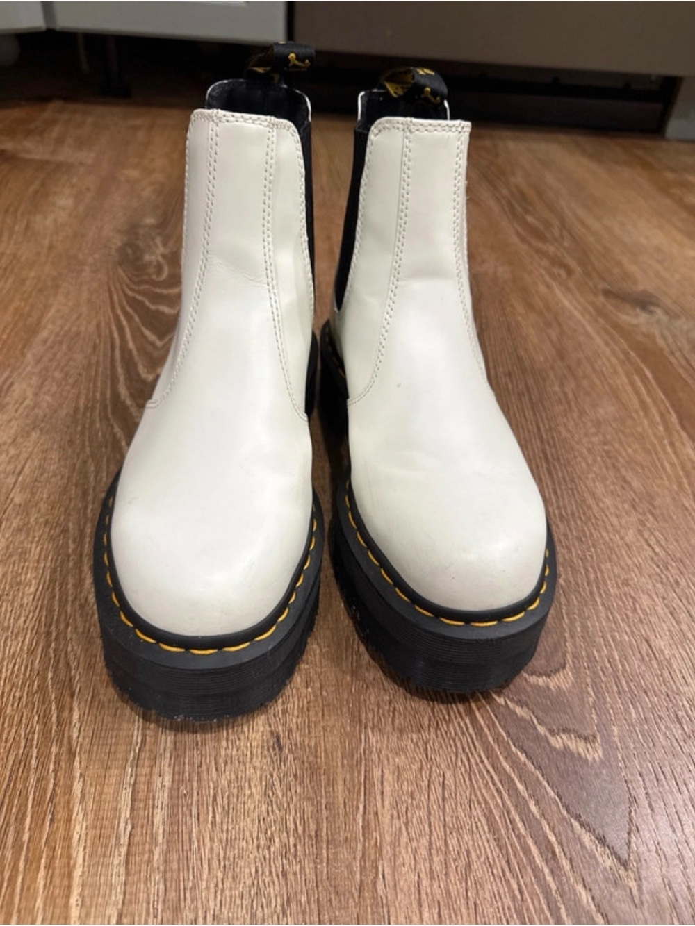 Dr. Martens White Platform Chelsea Boots with Yellow Stitching
